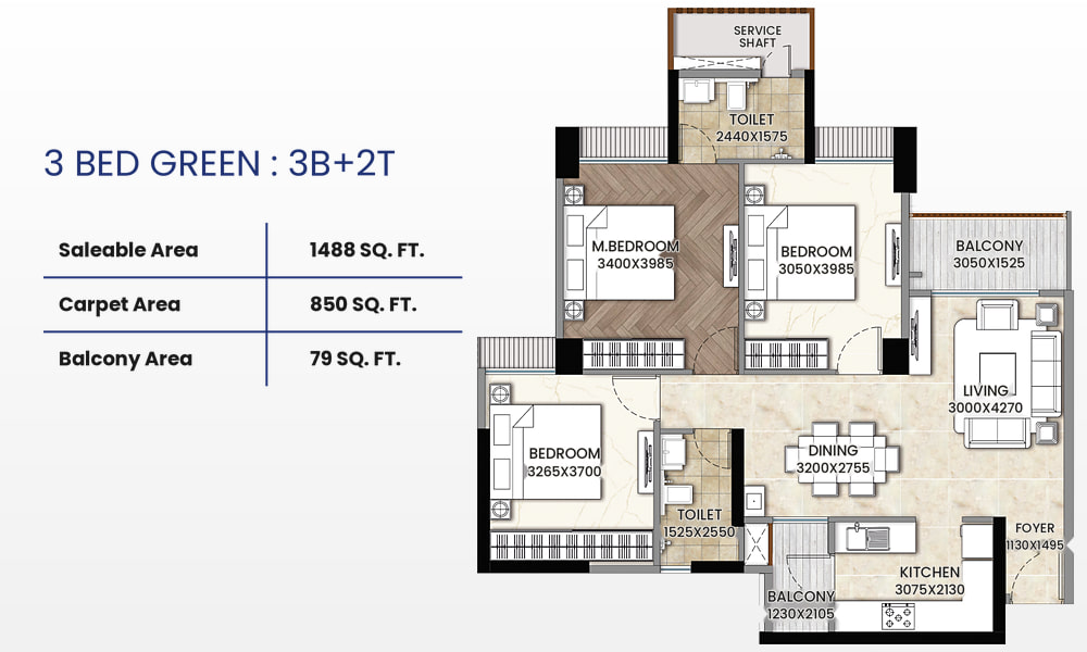 AcreRise Azure 3 BHK Green unit plan